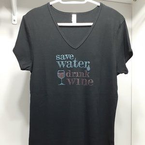 Black V-neck short sleeve t-shirt with the saying "Save Water Drink Wine"